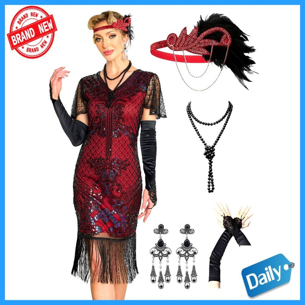 1920s Flapper Dress with Fringe, Mesh Fabric, Great Gatsby Party Costume
